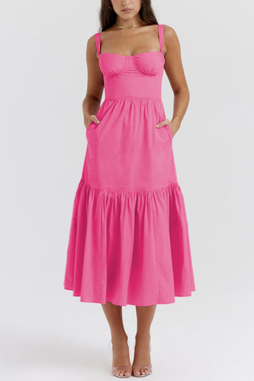 KATCH ME Fuchsia Lovely Thick Strap Pleated Pocket Slim Midi Dress Dress